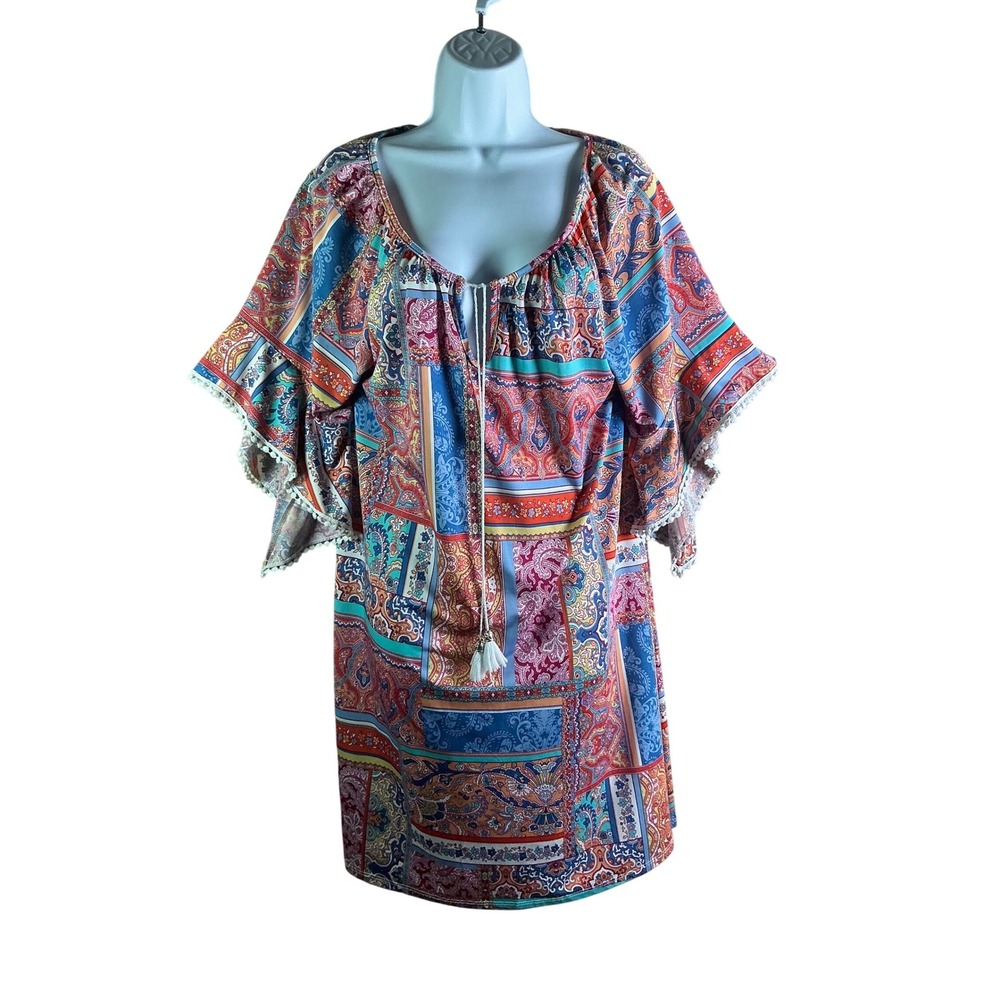 The Limited Paisley Patchwork Tassel Tunic Dress Kimono Sleeve Pom Trim FLAW-XL